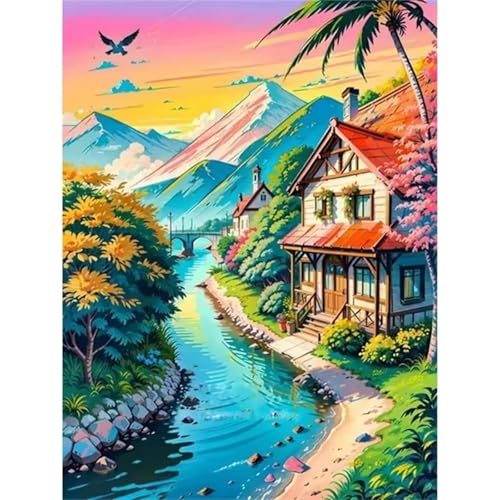 fghgbf Creek-Haus Malen Nach Zahlen Erwachsene,DIY Framed DIY Handgemalt Ölgemälde Kit Paint by Numbers Adult Mit Pinseln und Acrylfarbe für Geschenk Heimdekoration 30x40cm von fghgbf