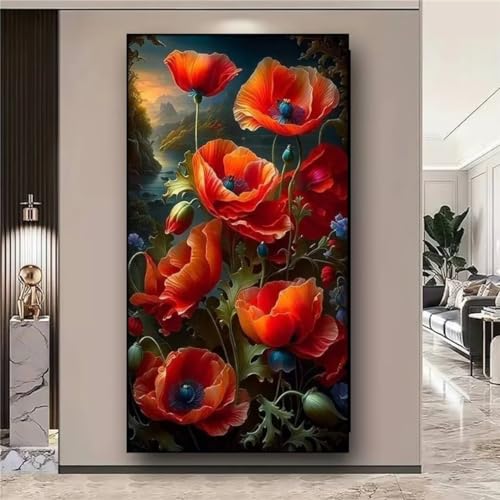 fghgbf 5D Diamond Painting Set für Erwachsene Kinder,Rote Blume Square Drill Full Diamant Kunst Malerei Kreuzstich Set Home Wand Geschenk Dekor 40x80cm von fghgbf