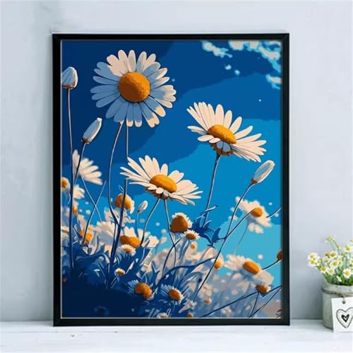 fghgbf Gänseblümchen Malen Nach Zahlen Erwachsene,DIY Framed DIY Handgemalt Ölgemälde Kit Paint by Numbers Adult Mit Pinseln und Acrylfarbe für Geschenk Heimdekoration 50x65cm von fghgbf