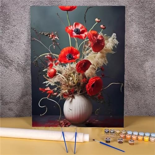 fghgbf Malen nach Zahlen Erwachsene Rote Blume Frameless DIY Malen nach Zahlen Kits auf Leinwand,Acryl Malerei Nach Zahlen mit Pinseln Leinwand Kunsthandwerk für Home Haus Dekor Geschenke 40x50cm von fghgbf