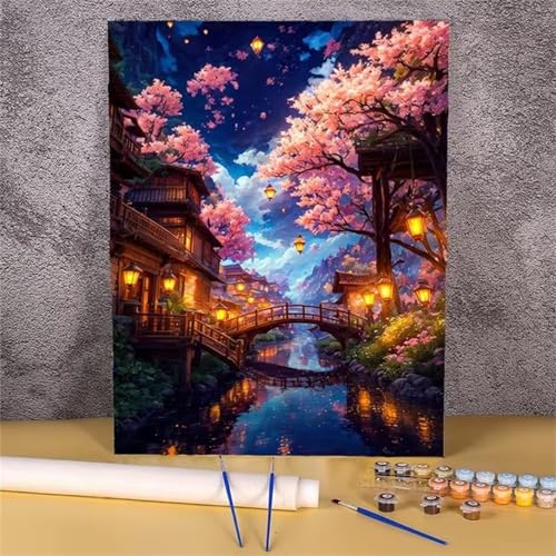 fghgbf Nachtlandschaft Malen Nach Zahlen Erwachsene,DIY Framed DIY Handgemalt Ölgemälde Kit Paint by Numbers Adult Mit Pinseln und Acrylfarbe für Geschenk Heimdekoration 30x40cm von fghgbf