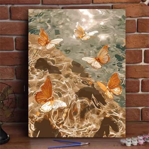 fghgbf Orangefarbene Schmetterlinge Malen Nach Zahlen Erwachsene,DIY Framed DIY Handgemalt Ölgemälde Kit Paint by Numbers Adult Mit Pinseln und Acrylfarbe für Geschenk Heimdekoration 30x40cm von fghgbf