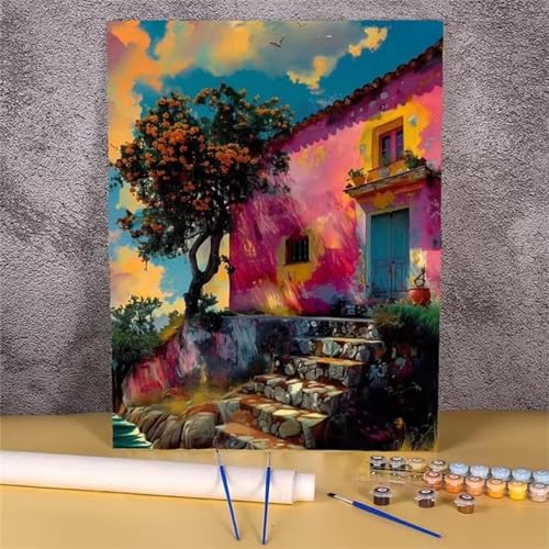 fghgbf Rosa Haus Malen Nach Zahlen Erwachsene,DIY Framed DIY Handgemalt Ölgemälde Kit Paint by Numbers Adult Mit Pinseln und Acrylfarbe für Geschenk Heimdekoration 30x40cm von fghgbf