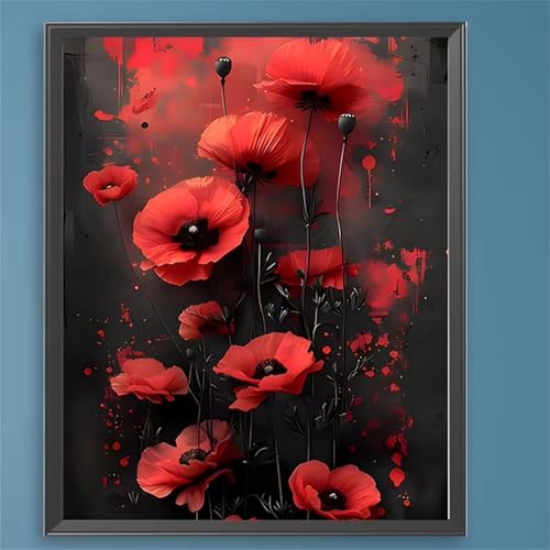 fghgbf Rote Kunstblumen Malen Nach Zahlen Erwachsene,DIY Framed DIY Handgemalt Ölgemälde Kit Paint by Numbers Adult Mit Pinseln und Acrylfarbe für Geschenk Heimdekoration 55x70cm von fghgbf