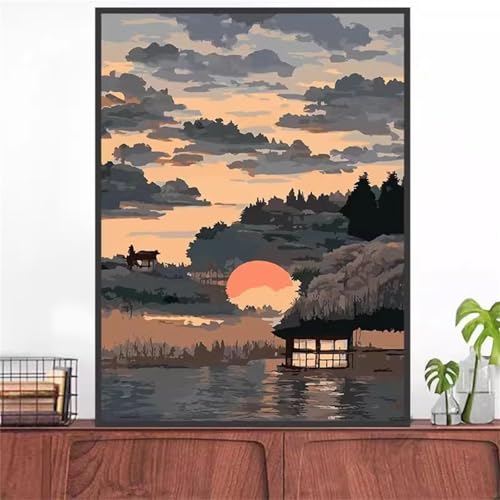 fghgbf Sonnenuntergangslandschaft Malen Nach Zahlen Erwachsene,Without Framed DIY Handgemalt Ölgemälde Kit Paint by Numbers Adult Mit Pinseln und Acrylfarbe für Geschenk Heimdekoration 55x70cm von fghgbf