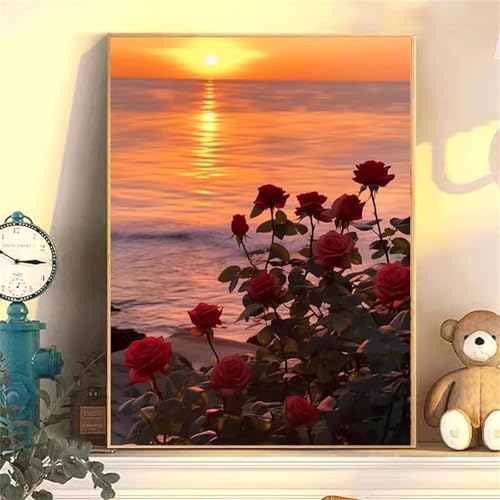 fghgbf Sonnenuntergangsrosen Malen Nach Zahlen Erwachsene,DIY Framed DIY Handgemalt Ölgemälde Kit Paint by Numbers Adult Mit Pinseln und Acrylfarbe für Geschenk Heimdekoration 40x50cm von fghgbf