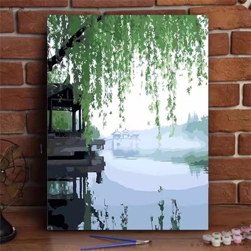 fghgbf Willow Lake Malen Nach Zahlen Erwachsene,DIY Framed DIY Handgemalt Ölgemälde Kit Paint by Numbers Adult Mit Pinseln und Acrylfarbe für Geschenk Heimdekoration 40x50cm von fghgbf