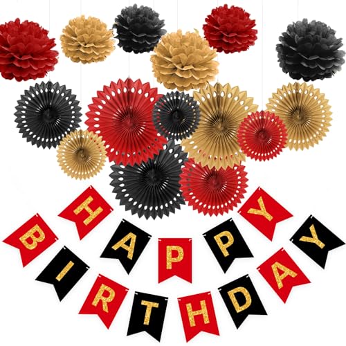 Rote und schwarze Geburtstagsparty-Dekorationen mit Happy Birthday-Banner, Seidenpapier-Pompons und Papierfächern, rund, für Geburtstagsparty-Dekorationen (rot und schwarz) von fiintrwa