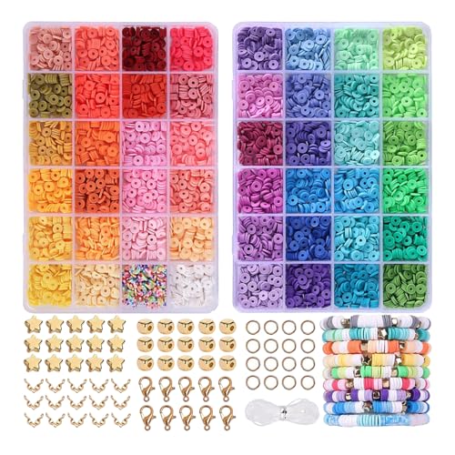 fiira Set zur Herstellung von Armbändern aus Ton, 48 Farben, flache Polymer-Heishi-Perlen-Set, Schmuckherstellungszubehör, Perlen, Ton-Armbandherstellungs-Set, Perlen für die Schmuckherstellung von fiira