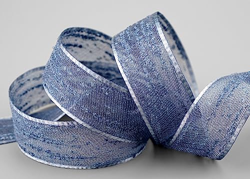 20 m x 25 mm Dekoband ELLIE mit gewebte Muster 574 TAUBENBLAU Grau-Blau Chiffon Schleifenband Geschenkband ohne Draht transparent Naturoptik Netzband Tischdekoration elegant Dekoration von finemark