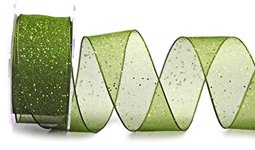 20 m x 40 mm Dekoband GLITZER GRÜN Stoffband Transparent glänzend Organza mit Drahtkanten elegant Weihnachten Advent Geburtstag Premium Glitter Ribbon Chiffon Chiffonband Draht von finemark