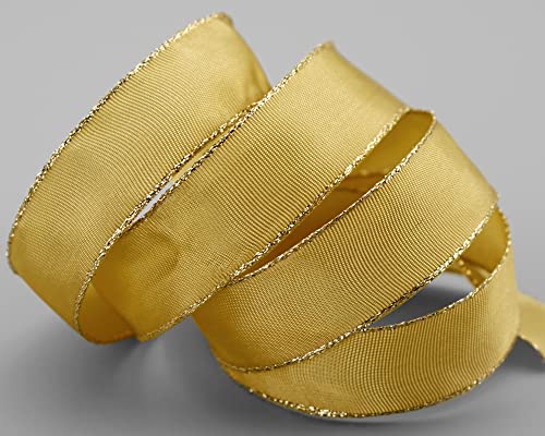 25 m x 25 mm Dekoband "Fairy Tale" BEIGE Senf GOLD Drahtkantenband mit Lurex Metallgarn Schleifenband Goldkante Silberkante Geschenkband Weihnachten Stoffband Metallic glänzend von finemark