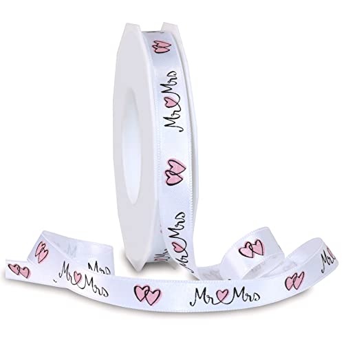 3 m x 15 mm Dekoband Mr Mrs WEISS ROSA HERZ Geschenkband Hochzeit Wedding Satinband für Hochzeitsgeschenk Hochzeitsalbum Schleifenband Hearts Satin ohne Draht von finemark