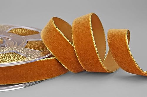 3 m x 22 mm Samtband 447G HELLBRAUN Gold Samt mit Goldkante Velvet Velour Geschenkband Schleifenband elegant Geschenkverpackung Dekoration Weihnachten Band Nähen von finemark