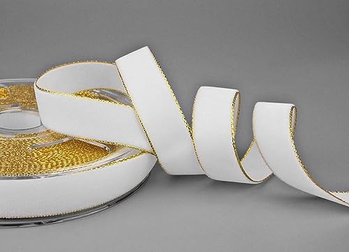 3 m x 22 mm Samtband 607G WEISS Gold Samt mit Goldkante Velvet Velour Geschenkband Schleifenband elegant Geschenkverpackung Dekoration Weihnachten Band Nähen von finemark