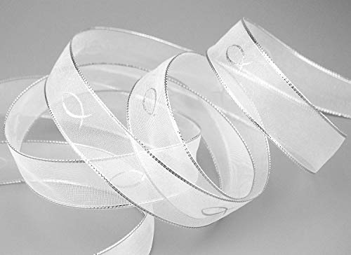 3 m x 25 mm Chiffonband FISCHE KOMMUNION Konfirmation CHIFFON WEISS SILBER Dekoband Geschenkband Schleifenband transparent von finemark