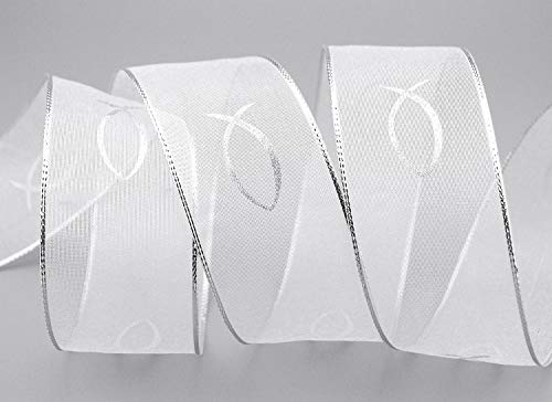 3 m x 40 mm Chiffonband FISCHE KOMMUNION Konfirmation CHIFFON WEISS SILBER Fisch Deko Dekoband Geschenkband Schleifenband transparent von finemark