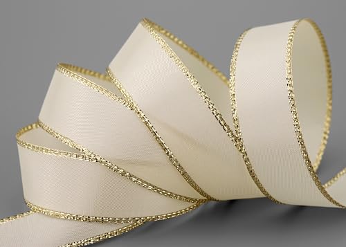 50 m x 25 mm Taftband mit Goldkante CREME GOLD ohne Draht Taft Dekoband Schleifenband Weihnachten Geschenkband Dekorieren Winter Lurex Glanz Stoffband Metallic von finemark