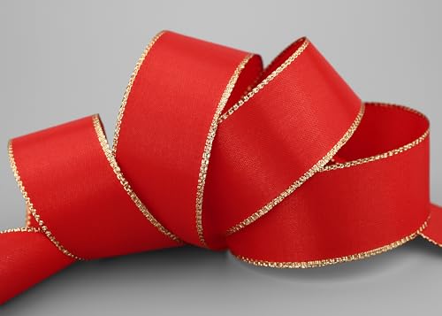 50 m x 40 mm Taftband mit Goldkante ROT GOLD ohne Draht Taft Dekoband Schleifenband Weihnachten Geschenkband Dekorieren Winter Lurex Glanz Stoffband Metallic von finemark