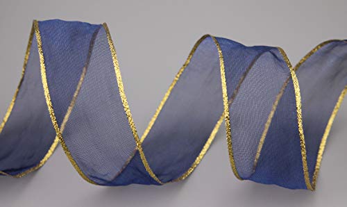 Chiffon Dekoband BLAU/GOLD 3 m x 40 mm Chiffonband Organza mit Goldkante glänzend transparent Geschenkband Drahtkantenband Dunkelblau Schleifenband elegant festlich Dekoration Weihnachten Band von finemark