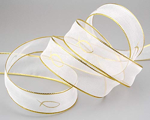 finemark 20 m x 25 mm Chiffonband Fische Kommunion Konfirmation Chiffon Weiss Gold Dekoband Geschenkband Schleifenband transparent von finemark