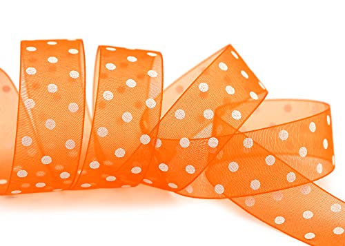 finemark 20 m x 25 mm Dekoband Chiffon Punkte ORANGE mit formstabilen Kanten Geschenkband Schleifenband transparent Organza Hochzeit Geburtstag Chiffonband Ostern Kinder Dots Gepunktet von finemark