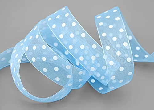 finemark 20 m x 25 mm Dekoband Chiffon Punkte HELLBLAU Blau mit formstabilen Kanten Geschenkband Schleifenband transparent Organza Hochzeit Geburtstag Chiffonband Ostern Kinder Dots Gepunktet von finemark