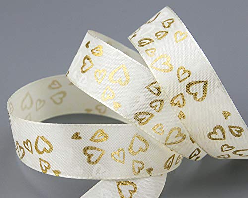 finemark 20 m x 25 mm Dekoband Golden Hearts Creme Gold Taftband mit Herzen Schleifenband Geschenkband Stoffband Hearts Valentinstag glänzend Rolle von finemark