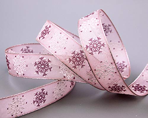 finemark 20 m x 25 mm Dekoband Snow Wonder ROSA Silber Geschenkband Schneeflocken Chiffonband mit Draht Lurex Schleifenband glänzend Winter Weihnachten von finemark