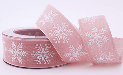 finemark 20 m x 40 mm Dekoband Christmas Snowflakes Rosa Weiss Geschenkband Schleifenband Natur Baumwolle Stoffband Landhaus Weihnachten mit Schneeflocken von finemark