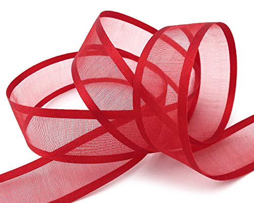 finemark 25 m x 25 mm Chiffonband mit Satin Kante ROT Dunkelrot (67) Chiffon Dekoband Schleifenband Geschenkband Halbtransparent Glänzend ohne Draht Organza von finemark