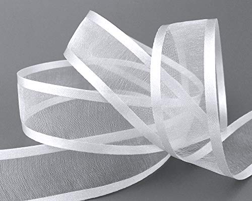 finemark 25 m x 25 mm Chiffonband mit Satin Kante WEISS (01) Chiffon Dekoband Schleifenband Geschenkband Halbtransparent Glänzend ohne Draht Organza von finemark