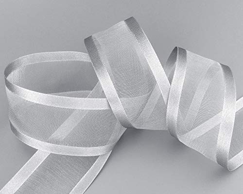 finemark 25 m x 38 mm Chiffonband mit Satin Kante GRAU Silber (05) Chiffon Dekoband Schleifenband Geschenkband Halbtransparent Glänzend ohne Draht Organza von finemark