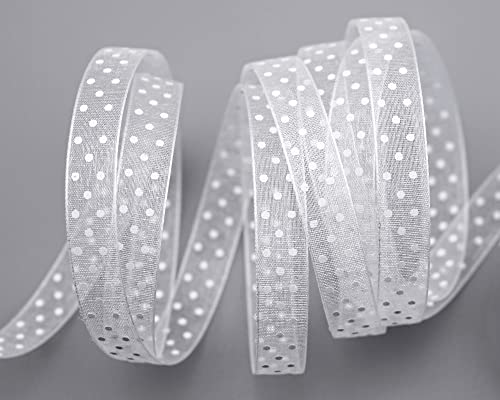 finemark 3 m x 10 mm Dekoband Chiffon Punkte Weiss mit formstabilen Kanten Geschenkband Schleifenband transparent Organza Hochzeit Geburtstag Chiffonband Ostern Kinder Dots Gepunktet von finemark