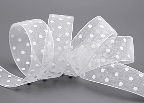 finemark 3 m x 25 mm Dekoband Chiffon Punkte Weiss mit formstabilen Kanten Geschenkband Schleifenband transparent Organza Hochzeit Geburtstag Chiffonband Ostern Kinder Dots Gepunktet von finemark