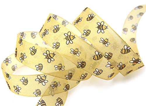 finemark 3 m x 25 mm Dekoband HAPPY BEE Bienen Muster Chiffon halbtransparent Chiffonband Schleifenband formstabil Geschenkband Band von finemark