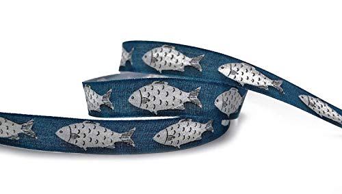 finemark 3 m x 25 mm Dekoband MARITIM Fische Denim BLAU Schleifenband Kommunion Fisch Geschenkband Jeansblau Deko Band Tischdeko Natur Geburtstag Stoffband formstabil von finemark