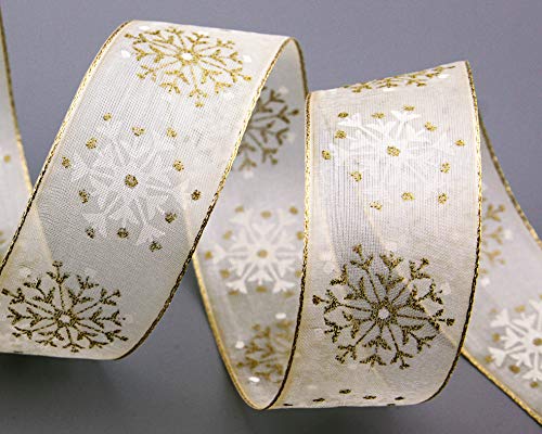 finemark 3 m x 40 mm Dekoband Snow Wonder Creme Geschenkband Schneeflocken Chiffonband mit Draht Lurex Schleifenband glänzend Winter Weihnachten von finemark