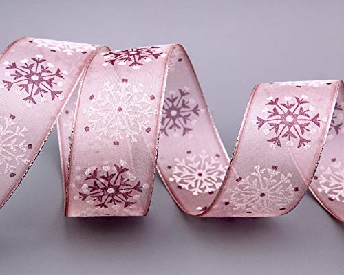 finemark 3 m x 40 mm Dekoband Snow Wonder ROSA Silber Geschenkband Schneeflocken Chiffonband mit Draht Lurex Schleifenband glänzend Winter Weihnachten von finemark