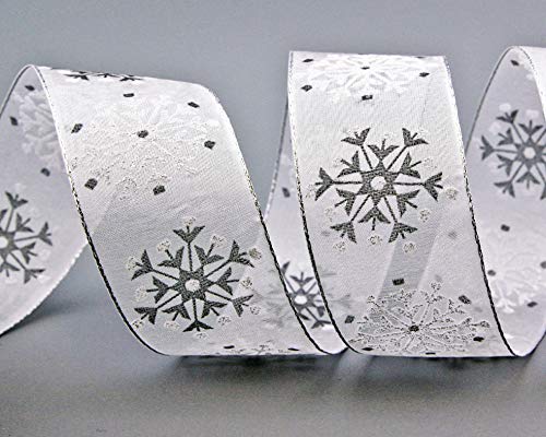 finemark 3 m x 40 mm Dekoband Snow Wonder Weiss Silber Geschenkband Schneeflocken Chiffonband mit Draht Lurex Schleifenband glänzend Winter Weihnachten von finemark