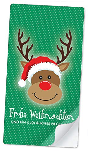 10 STICKER RECHTECKIG HIRSCH RENTIER RUDOLF GRÜN FROHE WEIHNACHTEN • Etiketten Aufkleber Weihnachten Geschenkverpackung Verpackung Banderole • 96 mm x 50,8 mm, matt von fioniony