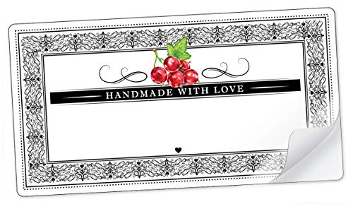 10 STICKER RECHTECKIG WEIß SCHWARZ ROT Johannisbeere und Ornamente "Handmade with Love" mit Freitextfeld für Johannisbeermarmelade, Konfitüre • Etiketten Format: 96 mm x 50,8 mm, matt von fioniony