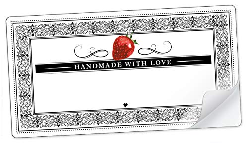 10 STICKER RECHTECKIG WEIß SCHWARZ ROT mit Erdbeere und Ornamente "Handmade with Love" mit Freitextfeld für Erdbeermarmelade, Saft, Erdbeerlimes, Sirup u.v.m. • Format: 96 mm x 50,8 mm, matt von fioniony