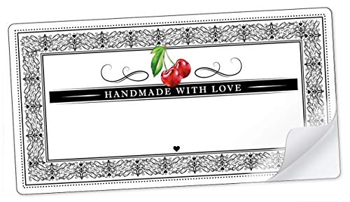 20 STICKER RECHTECKIG WEIß SCHWARZ ROT KIRSCHEN und Ornamente "Handmade with Love" mit Freitextfeld für Kirschmarmelade, Sirup, Schnaps, Likör, Saft u.v.m. • Etiketten Format: 96 mm x 50,8 mm, matt von fioniony