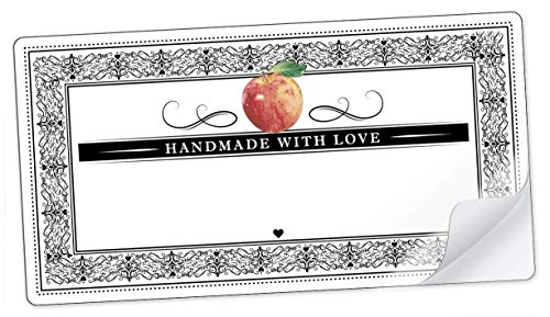 20 STICKER RECHTECKIG WEIß SCHWARZ mit Apfel und Ornamente "Handmade with Love" mit Freitextfeld für Chutneys, Apfelsaft, Apfelmus u.v.m. • Etiketten Format: 96 mm x 50,8 mm, matt von fioniony