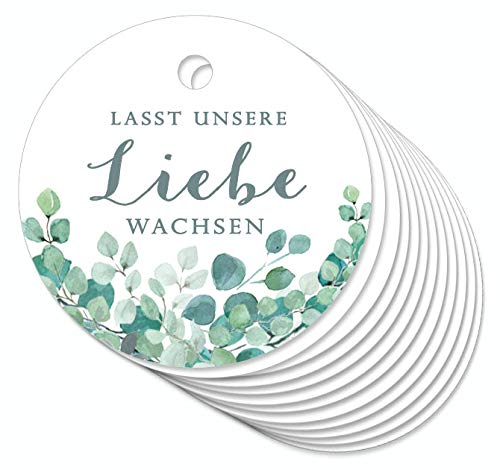 24 Anhänger Lasst unsere Liebe wachse mit Eukalyptus in Grün Hängeetiketten Geschenkanhänger Glas Papieranhänger Hangtag Etiketten Gastgeschenke Hochzeit Marmelade Selbstgemachtes 4cm rund matt von fioniony