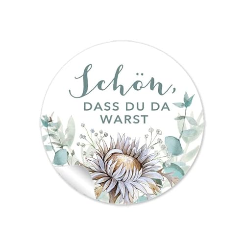 24 Aufkleber Sticker Schön, dass du da warst Trockenblume Lagurus-Samt-Gras Silberdistel Eukalyptus Zweige Boho Greenery grün Gastgeschenke Hochzeit & Taufe (Schön, dass du da warst) von fioniony