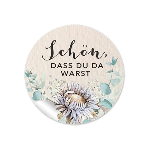 24 Aufkleber Sticker zur Hochzeit Eukalyptus Trockenblume grün beige Lagurus-Samt-Gras Silberdistel Zweig Boho Greenery Gastgeschenke Taufe (Schön, dass du da warst) von fioniony