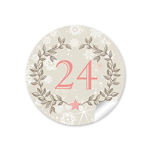 24 DIY Adventskalenderzahlen BEIGE KRANZ VINTAGE für einen DIY Adventskalender Papiertüten zum selber basteln 1 – 24 Format 4 cm, rund, matt von fioniony