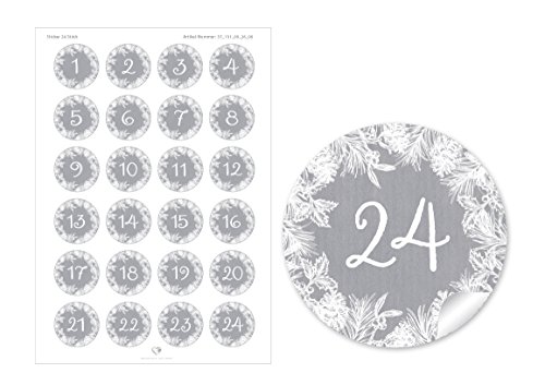 24 DIY Adventskalenderzahlen GRAU ZWEIGE KRANZ VINTAGE für einen DIY Adventskalender Papiertüten zum selber basteln 1 – 24 Format 4 cm, rund, matt von fioniony